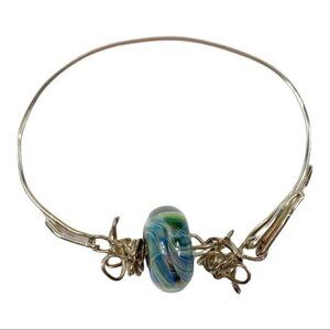 Handmade Artisan Bangle Bracelet Blown Glass Bead and Silvertone Wire Hook Close